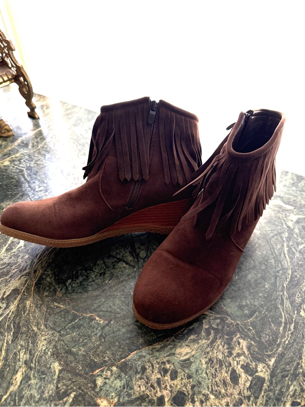 Cute Western Fringe Suede Ankle Boots Booties Dark Brown Coastal Cowgirl 10